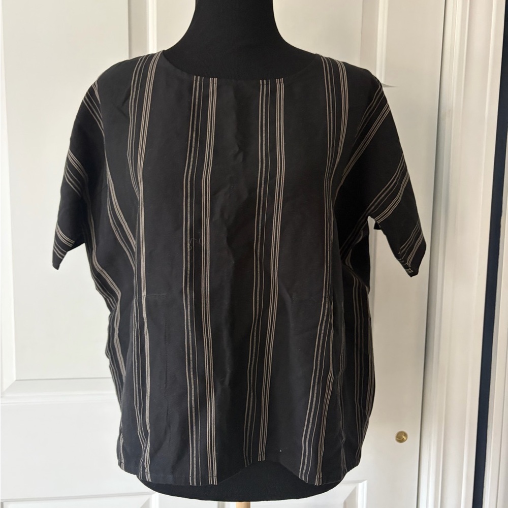 Eileen Fisher Black and Tan Striped Linen Blouse Small